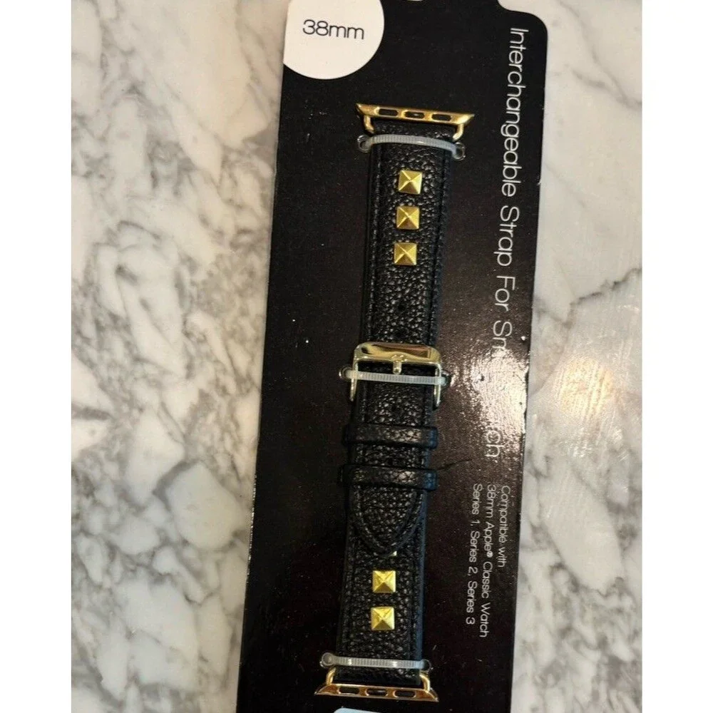 NEW I.N.C. Women's Black Faux Leather W Gold‎ Trim 38mm Apple Watch Band Strap